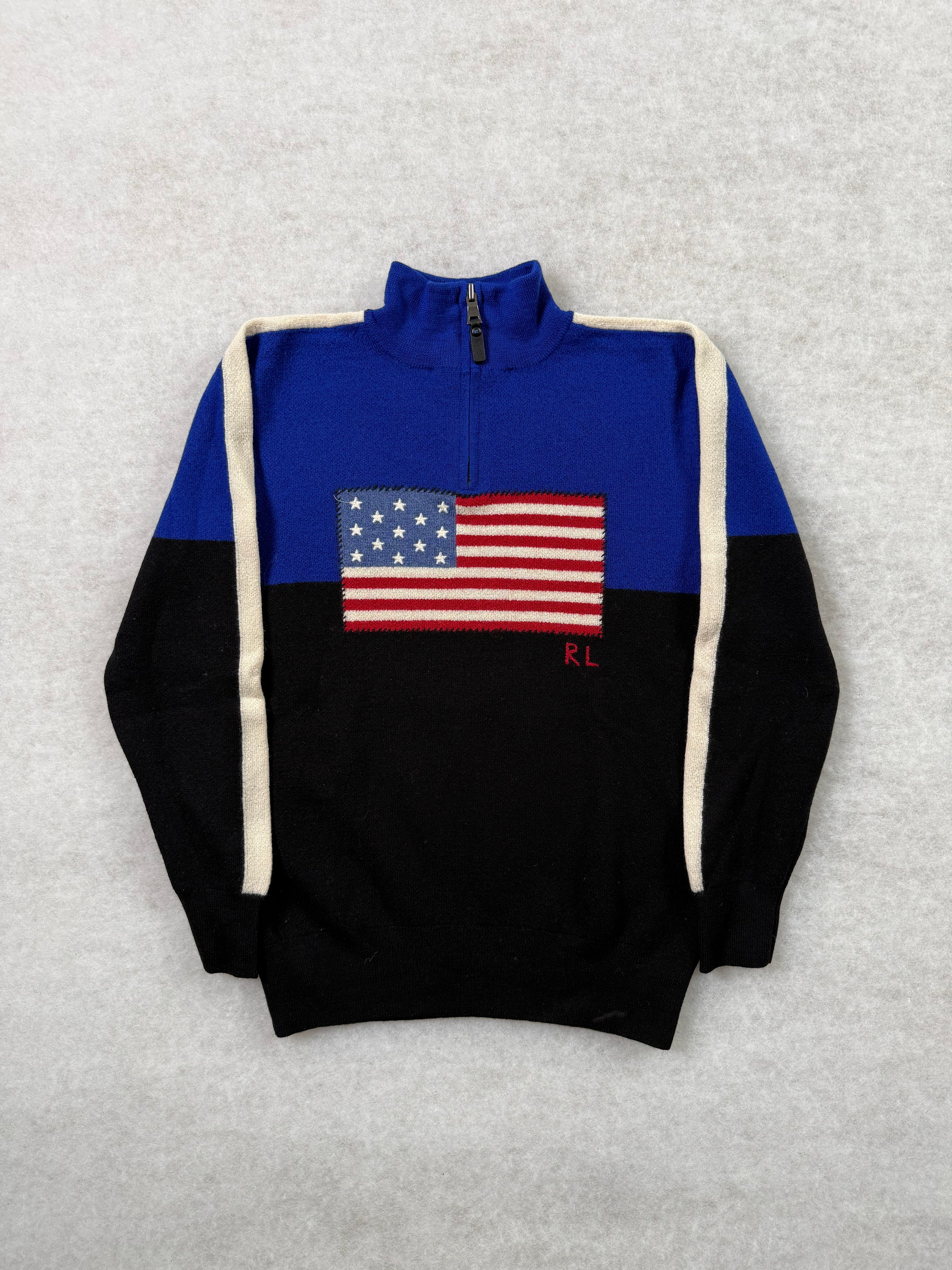 Ralph Lauren Half Zip Strickpullover mit USA Flagge